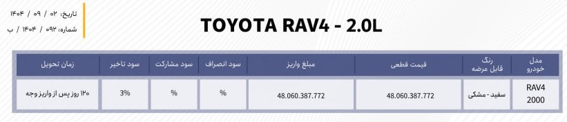 شرایط فروش خودرو تویوتا راو4 طرح عادی (آذر 1404) شرایط فروش خودرو تویوتا راو4 طرح عادی (آذر 1404)