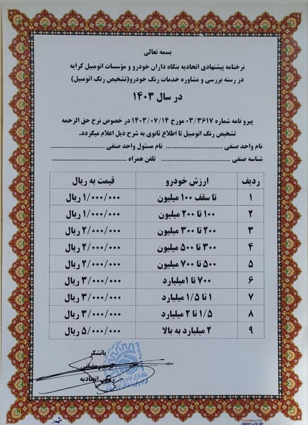 نرخ جدید کارشناسی رنگ خودرو