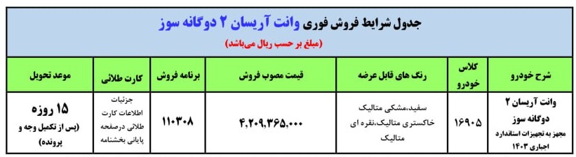 فروش فوری وانت آریسان با تحویل 15 روزه