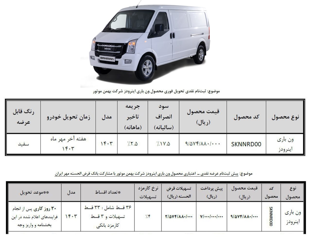 فروش اقساطی ون اینرودز 