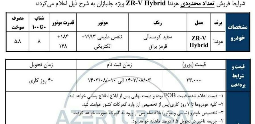 فروش فوری هوندا ZR-V هیبرید (طرح جانبازان)