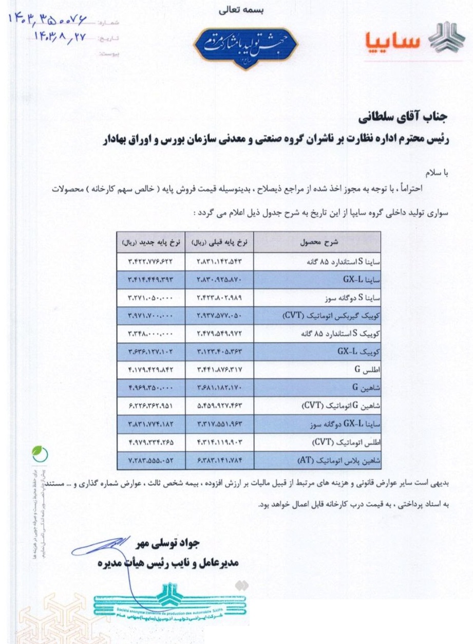 قیمت جدید کلیه محصولات سایپا