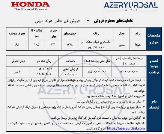 شرایط فروش هوندا سیتی 2023