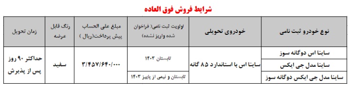 شرایط فروش فوق العاده خودرو ساینا S