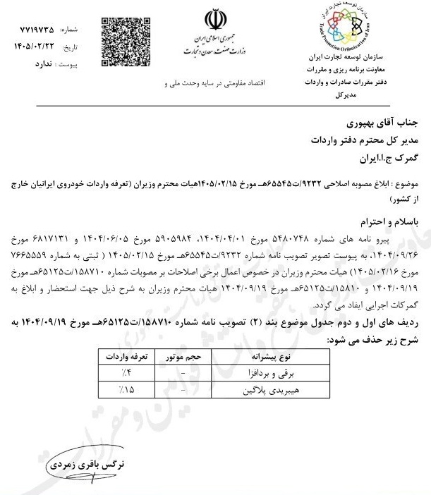 تعرفه واردات خودروی ایرانیان خارج از کشور اصلاح شد