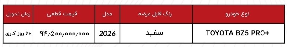 جدول شرایط فروش تویوتا BZ5 Pro+ جدول شرایط فروش تویوتا BZ5 Pro+