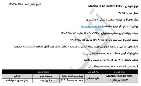 شرایط جدید فروش مزدا EZ6 در ایران شرایط جدید فروش مزدا EZ6 در ایران