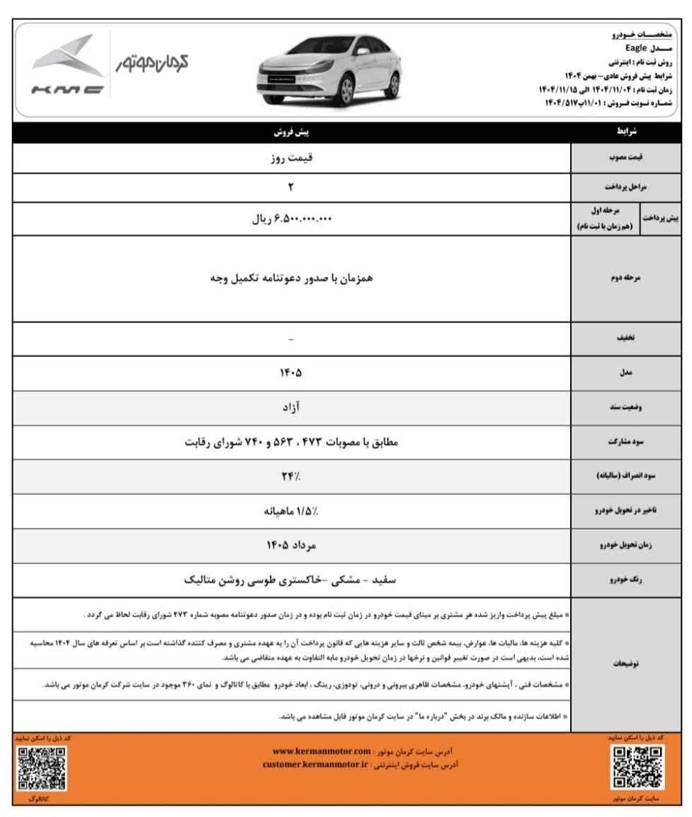 بخشنامه فروش محصولات کرمان موتور (بهمن 1404)