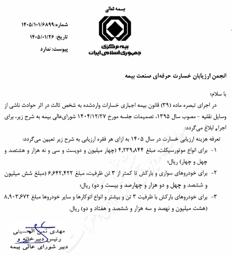 تعرفه هزینه ارزیابی خسارت خودرو در سال 1405 تعرفه هزینه ارزیابی خسارت خودرو در سال 1405