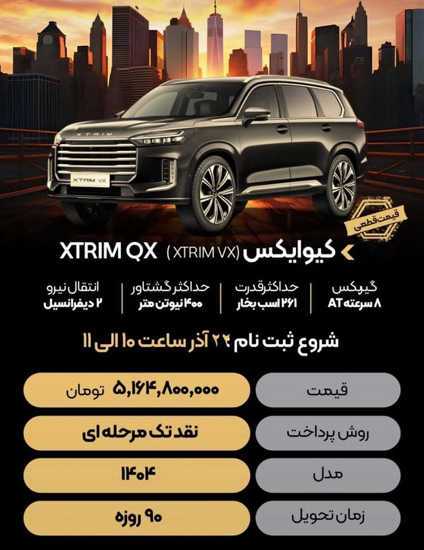 بخشنامه فروش با قیمت قطعی اکستریم QX بخشنامه فروش با قیمت قطعی اکستریم QX